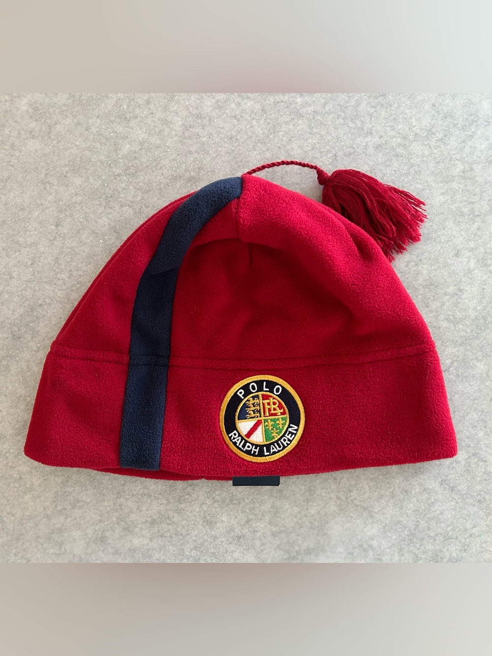 Polo by Ralph Lauren Red Knit Pom Pom Beanie with Navy Accent